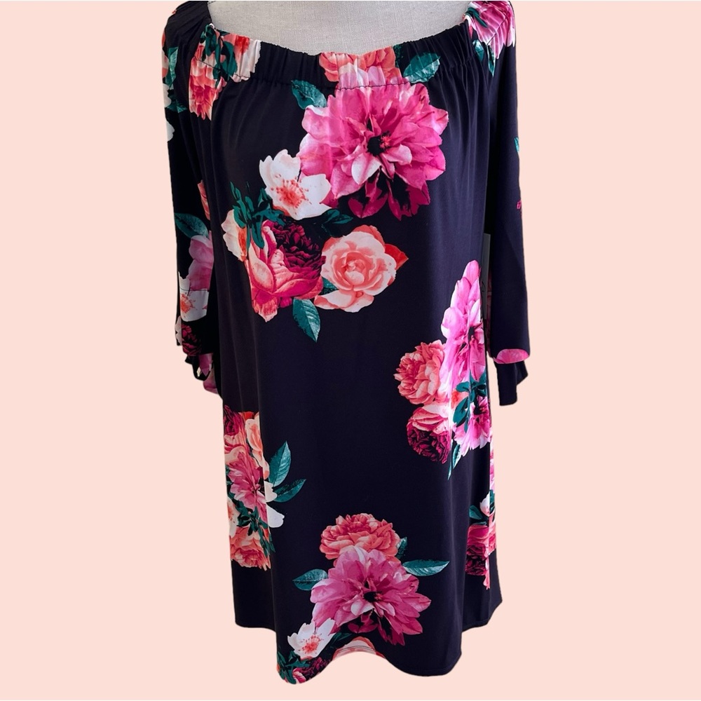 Eliza J. Navy Blue with Pink Floral Jersey Knit Off the Shoulder Mini Dress